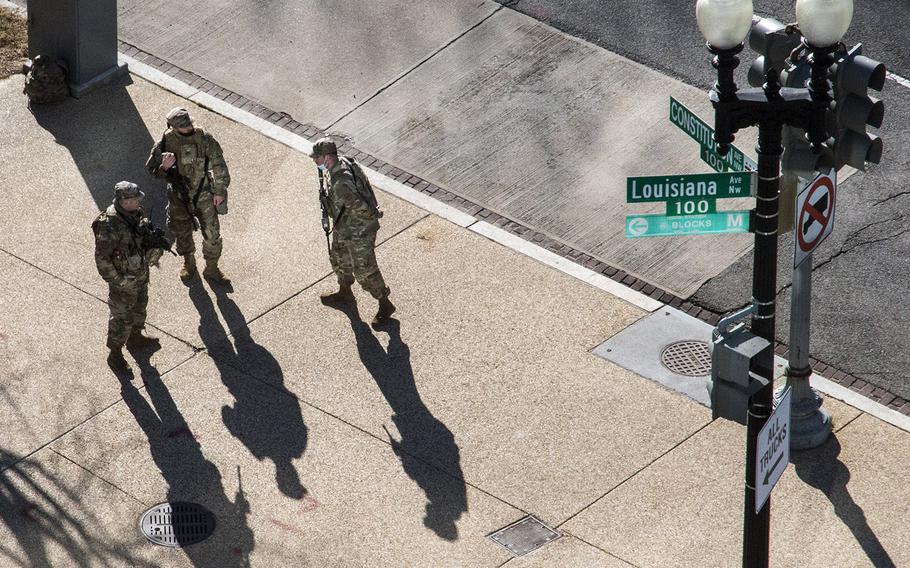 National Guard soldiers on Constitution Ave. in Washington, D.C., Wednesday morning, March 3, 2021.