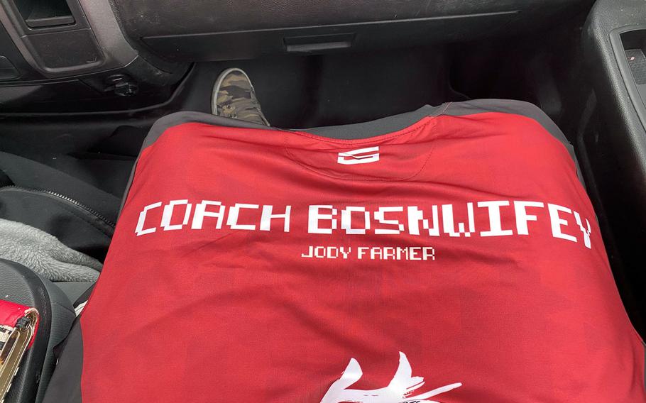 Jody Farmer's University of Oklahoma esports team jersey is shown. Farmer, a coach, is an Army and Navy veteran who played video games through online meetups hosted by the Wounded Warrior Project. 


