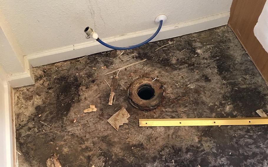 Mold was found on the floor of a bathroom in a home the D’Antonio family rented while stationed at the Naval Postgraduate School in Monterey, Calif. They filed a lawsuit against the private companies that manage the housing for negligence and fraud.