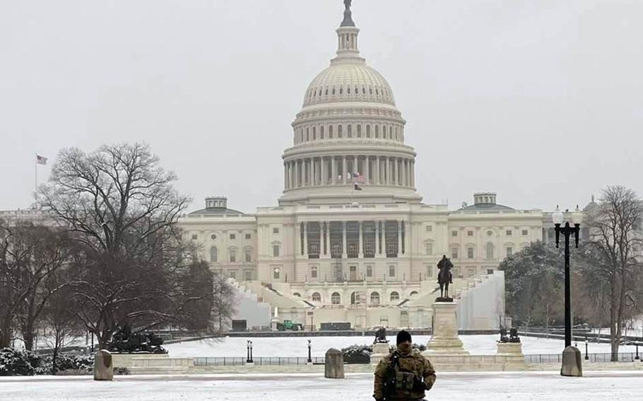 A National Guard member stands watch near the U.S. Capitol in Washington, D.C., Feb. 2, 2021.