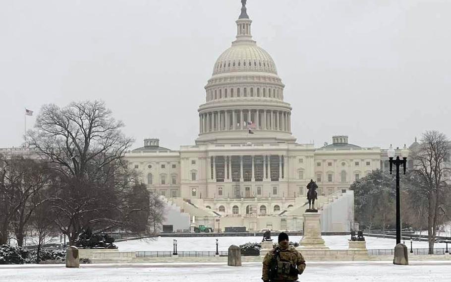 A National Guard member stands watch near the U.S. Capitol in Washington, D.C., Feb. 2, 2021. 