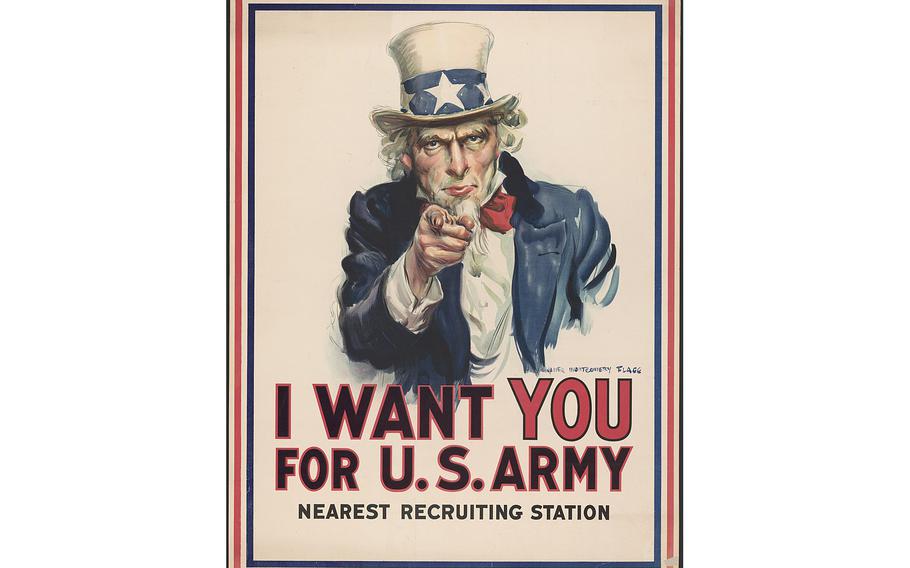 A War poster with the famous phrase "I want you for U.S. Army" shows Uncle Sam pointing his finger at the viewer in order to recruit soldiers for the American Army during World War I. 