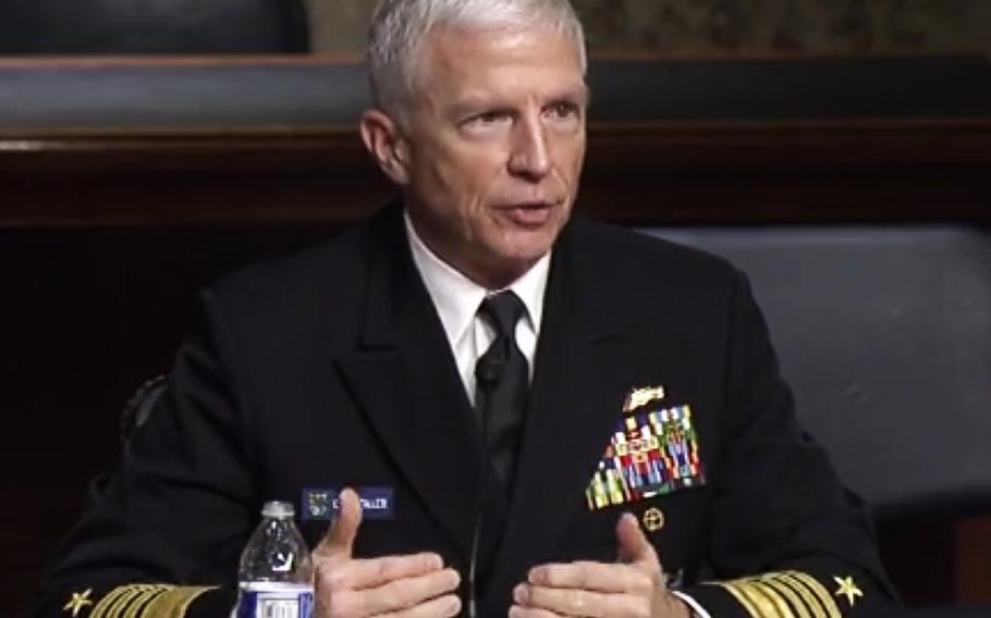 In a screen capture from a Senate Armed Services Committee video, SOUTHCOM commander Adm. Craig Faller testifies at a hearing on March 16, 2021.