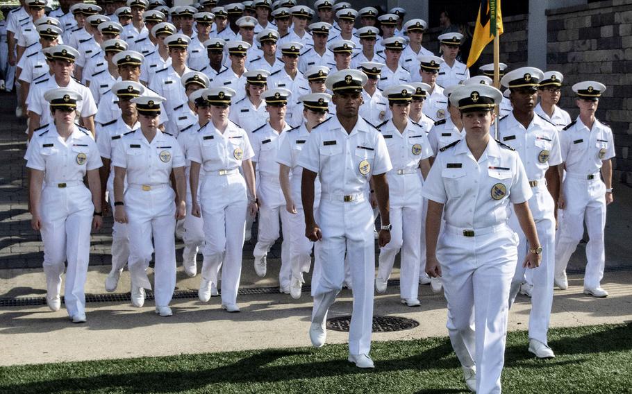 U.S. Naval Academy midshipmen march into Navy–Marine Corps Memorial Stadium in Annapolis, Md., before a football game in October, 2019.