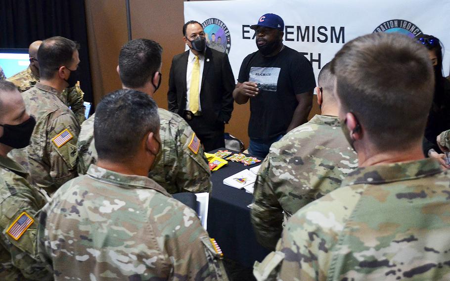 Battalion and brigade command teams listen to the Texas Anti-Gang Center discuss how to spot extremism March 11 during the Ironclad Summit at Fort Bliss, Texas. The base is taking a deliberate approach to combating sexual assault, suicide and extremism among soldiers by using the Fort Hood Independent Review Committee report as a blueprint for spotting problems.