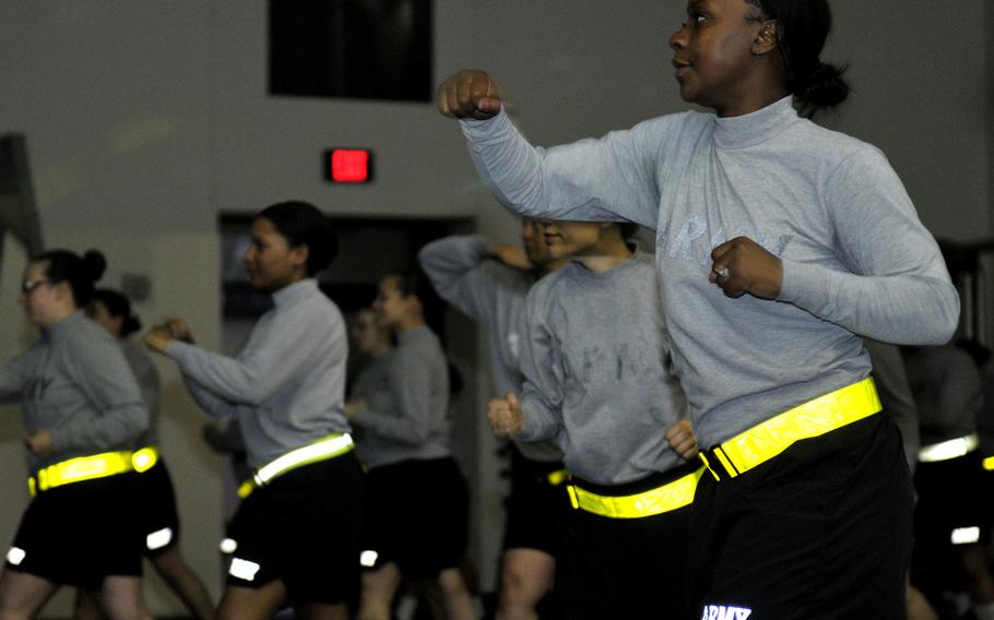 Soldiers in the postpartum physical training program perform aerobic exercises at Fort Hood, Texas, in 2014. The Army increased the time postpartum mothers have before meeting physical training and body composition standards to one year.


