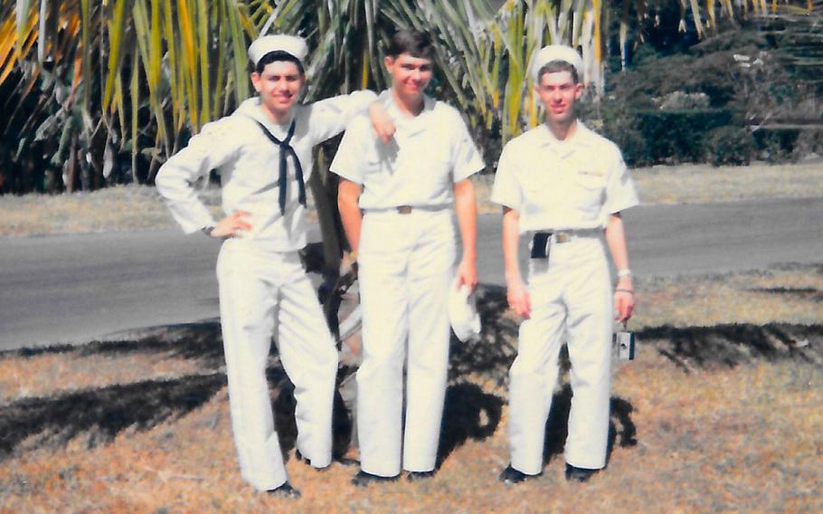Dave Lara, left, with fellow sailors in Subic Bay, Philippines, in 1966.