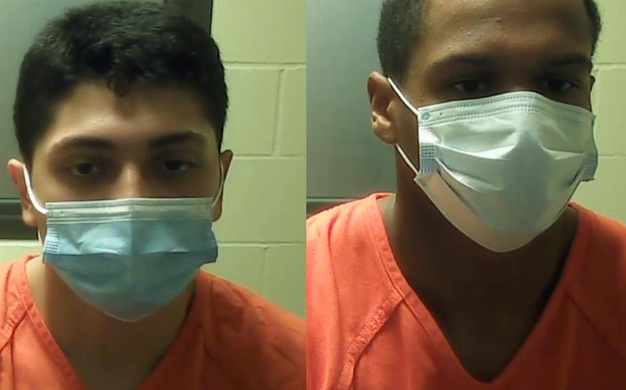 Pfc. Daniel Cano-Real, left, and Pfc. John Medina virtually attend their preliminary appearance in Thurston County Superior Court on Monday, March 29.