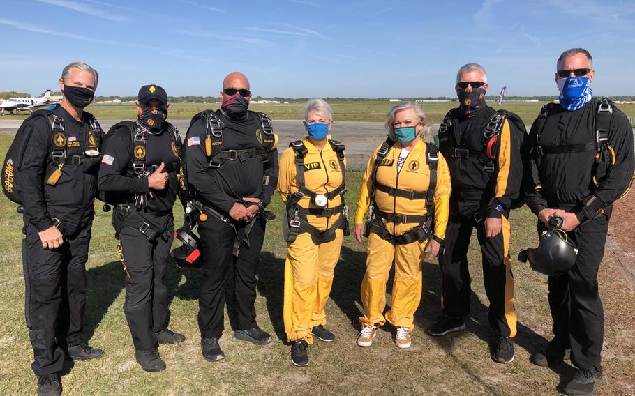 U.S. Special Operations Command Para-Commandos prepare to tandem skydive with Gold Star mothers Sandee Rouse and Ellen Comfort, March 13, 2021, in Zephyrhills, Fla. Rouse's son, Pfc. Jim Markwell, died during Operation Just Cause in Panama in 1989. Comfort's son, Capt. Kyle Comfort, died during combat operations in Afghanistan in 2010.  

