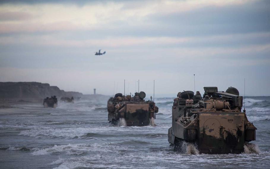 U.S. Marines drive assault amphibious vehicles through the surf during training at Marine Corps Base Camp Pendleton, California, July 14, 2020. Marines at Camp Pendleton were back in the ocean with AAVs this week.