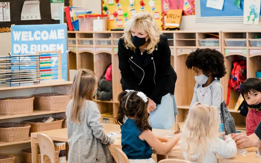 First Lady Jill Biden participates in a tour and greets children March 10, 2021, at the Child Development Center at Marine Corps Air Ground Combat Center in Twentynine Palms, Calif.