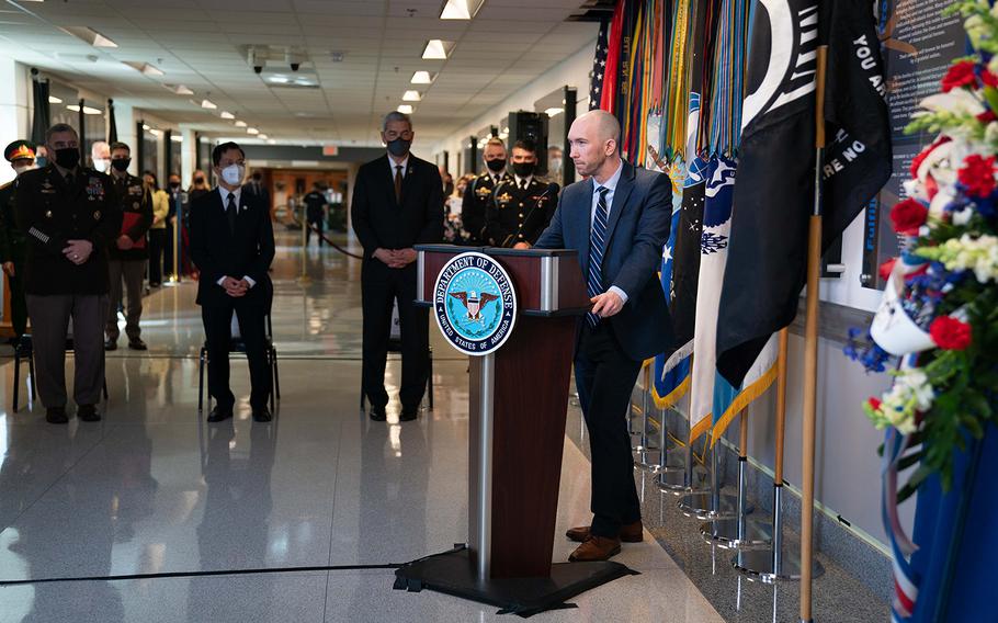 Rennie Cory III, son of Lt. Col. Rennie Cory, who was killed in a helicopter crash in Vietnam on April 7, 2001, speaks during the Defense POW/MIA Accounting Agency (DPAA) ceremony commemorating the 20th anniversary of the tragedy, at the Pentagon, April 7, 2021. 