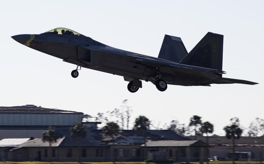 An F-22 Raptor fighter aircraft takes off at Tyndall Air Force Base, Fla., Oct. 30, 2018. The Government Accountability Office said in a report released April 7, 2021, that damages caused in 2018 by Hurricane Michael put limits on the use of the Air Force’s F-22 fleet. 

