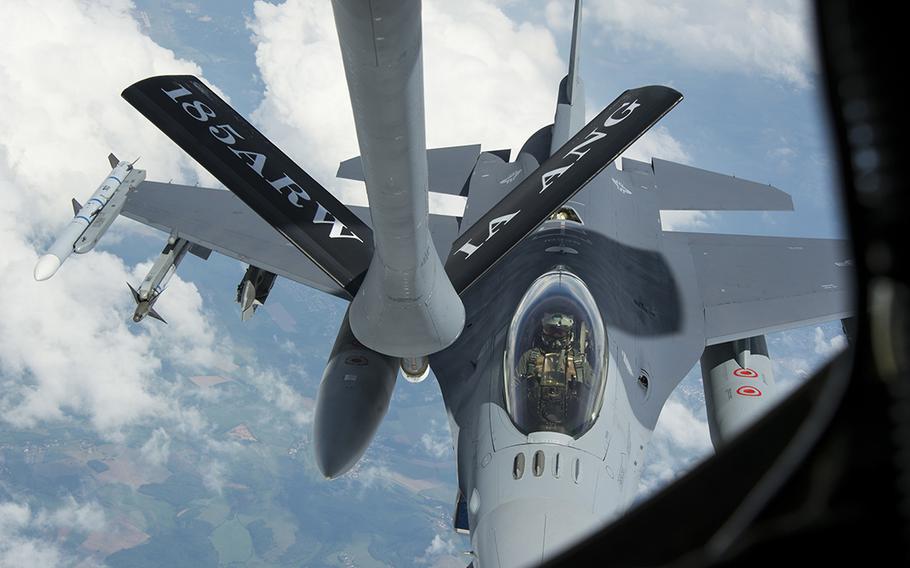 An Air Force F-16 Fighting Falcon from the 480th Fighter Squadron approaches a KC-135 Stratotanker to receive fuel over Spangdahlem Air Base, Germany, on May 30, 2017.