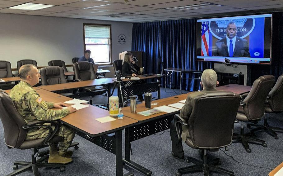 Fort McCoy Garrison command team members carry out virtual training for extremism awareness March 26, 2021, at Fort McCoy, Wis.