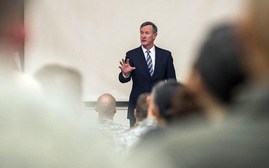 Retired Navy admiral William McRaven speaks to service members during a leadership seminar at Joint Base San Antonio in Lackland, Texas, Jan. 10, 2018. 