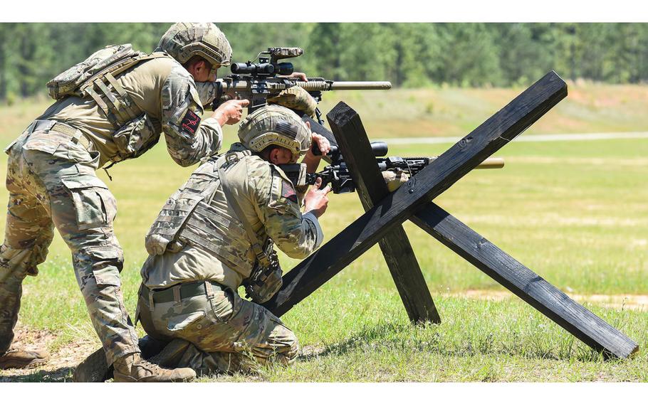 Army snipers compete in the service's Best Sniper competition at Fort Benning in Georgia on Monday, April 12. The four-day competition tests U.S. military sniper teams from the Army, Marine Corps and Coast Guard on a variety of skills meant to determine the Defense Department's top snipers for 2021.