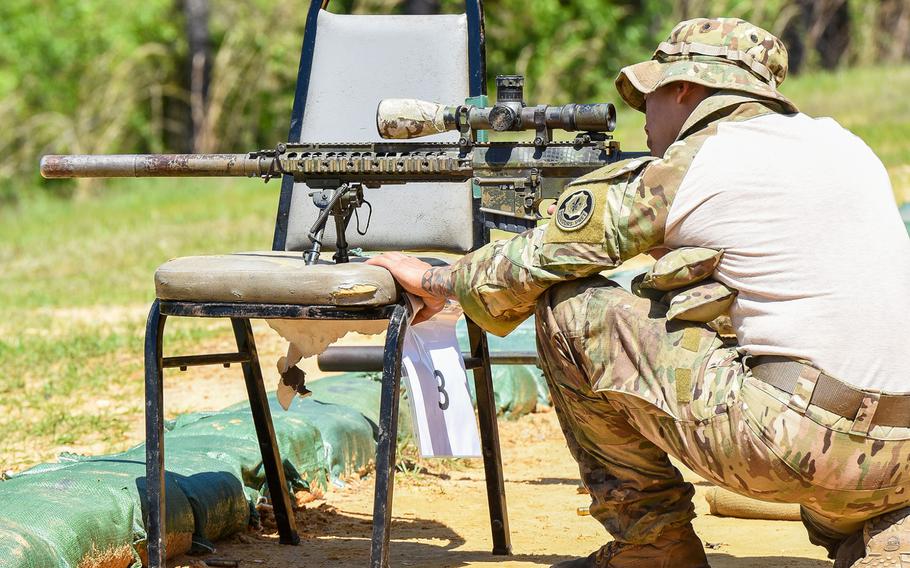 Army Sgt. Gerald Vistayan, an infantrymen from the 2nd Cavalry Regiment, shoots in the Army's Best Sniper competition on Monday, April 12, 2021. 