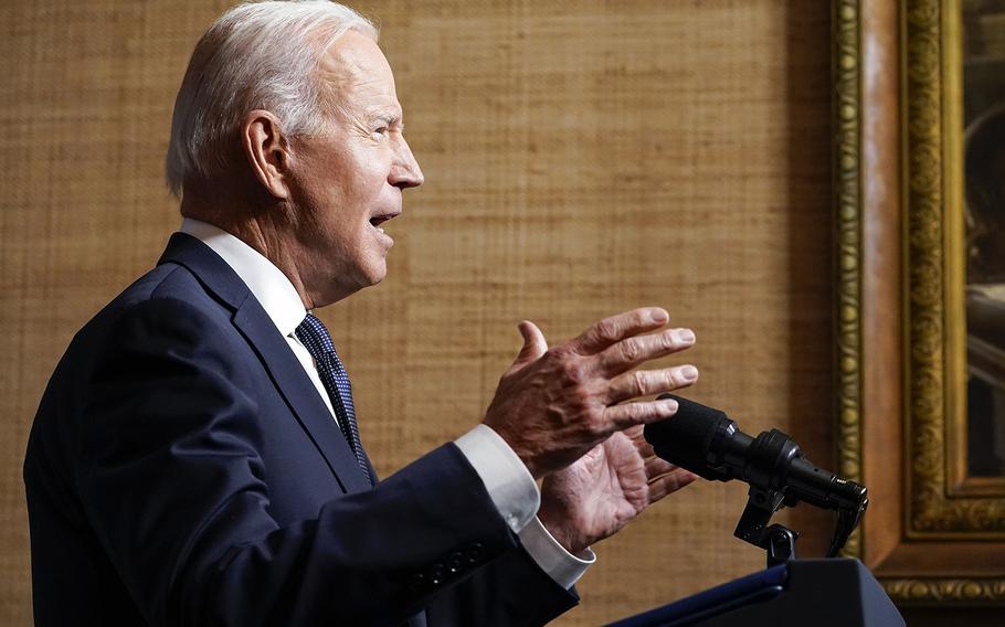 President Joe Biden speaks from the Treaty Room in the White House on Wednesday, April 14, 2021, about the withdrawal of the remainder of U.S. troops from Afghanistan. 