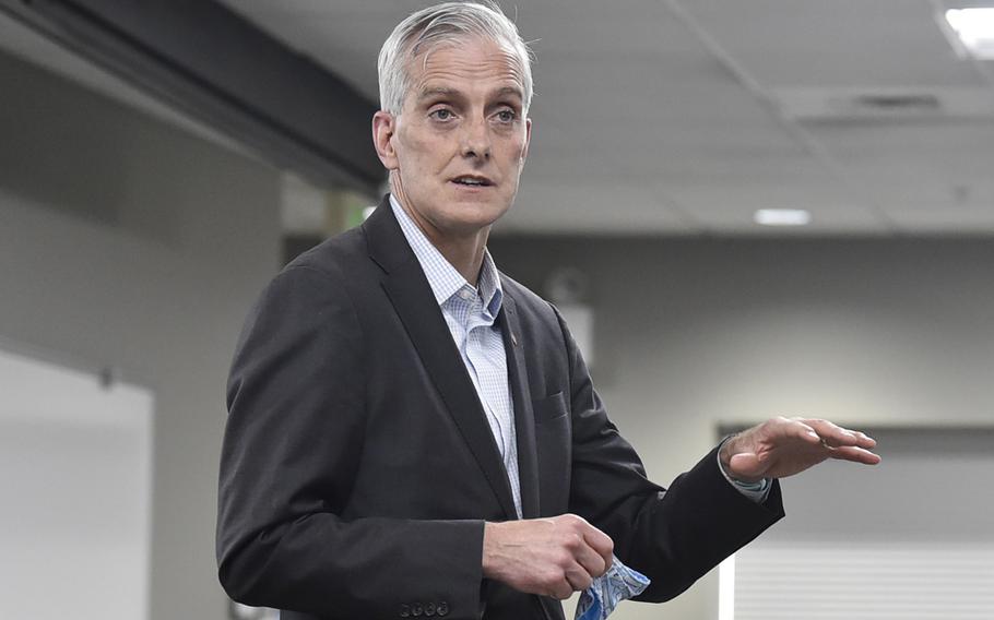 Veterans Affairs Secretary Denis McDonough attends an event at Fort Harrison in Helena, Mont., on April 7, 2021. McDonough on Wednesday, April 14, led hundreds of employees in a pledge against domestic violence and sexual harassment and assault.