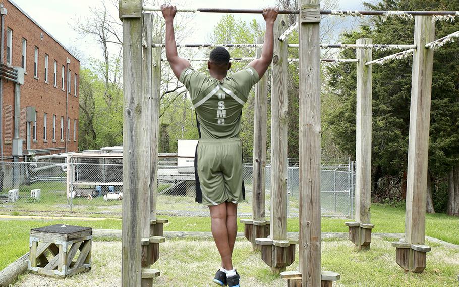 A Marine demonstrates a prototype version of the new Physical Training Uniform. The new shirt and shorts will be tested and evaluated by 500 Marines. The uniform will provide a more athletic fit that aligns with today’s commercial clothing trends. 