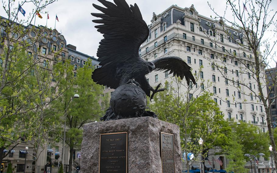 A bronze statue of a bald eagle still remains from the old Pershing Park and has been incorporated into the new World War I Memorial where a dedication ceremony took place on Friday, April 16, 2021, in Washington, D.C.