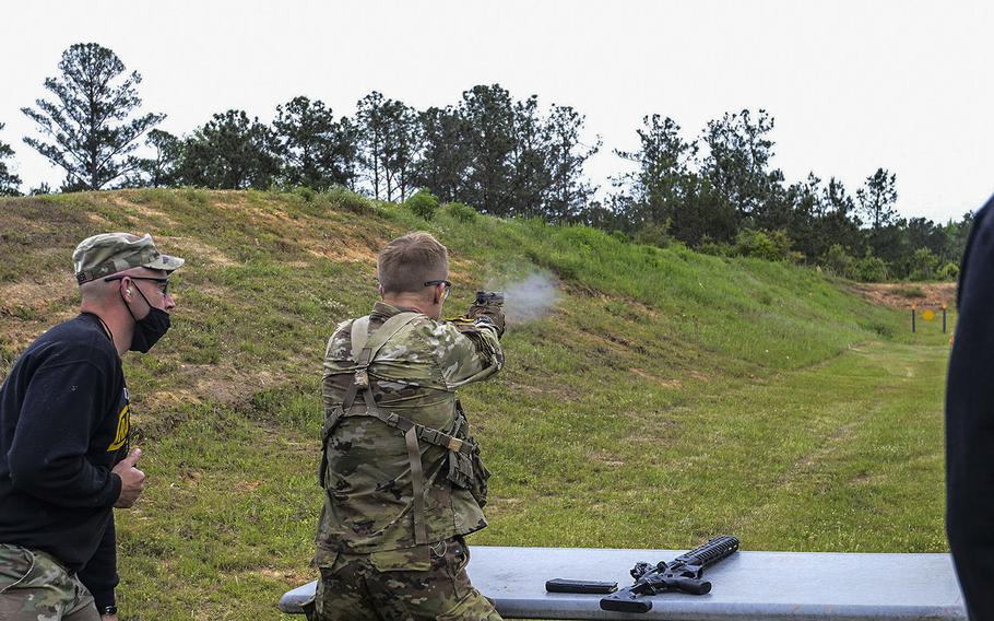 Soldiers compete in the 2021 Best Ranger competition at Fort Benning, Ga. on Friday, April 16. The three-day contest, considered among the Army's most grueling challenges, returned this year after the coronavirus pandemic forced its cancellations in 2020. (Corey Dickstein/Stars and Stripes)