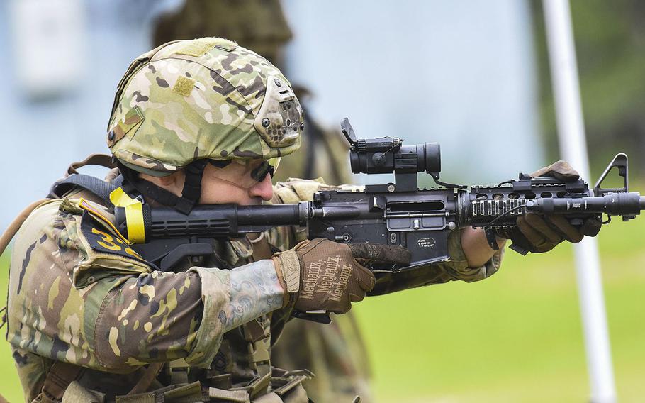 Soldiers compete in the 2021 Best Ranger competition at Fort Benning, Ga. on Friday, April 16. The three-day contest, considered among the Army's most grueling challenges, returned this year after the coronavirus pandemic forced its cancellations in 2020.