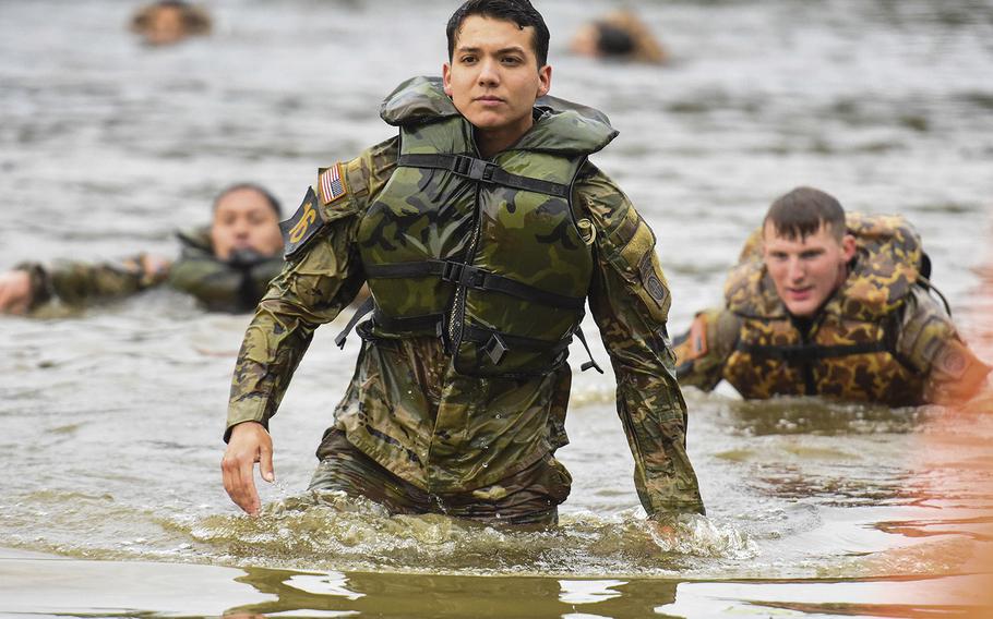 Soldiers compete in the 2021 Best Ranger competition at Fort Benning, Ga. on Friday, April 16. The three-day contest, considered among the Army's most grueling challenges, returned this year after the coronavirus pandemic forced its cancellations in 2020.