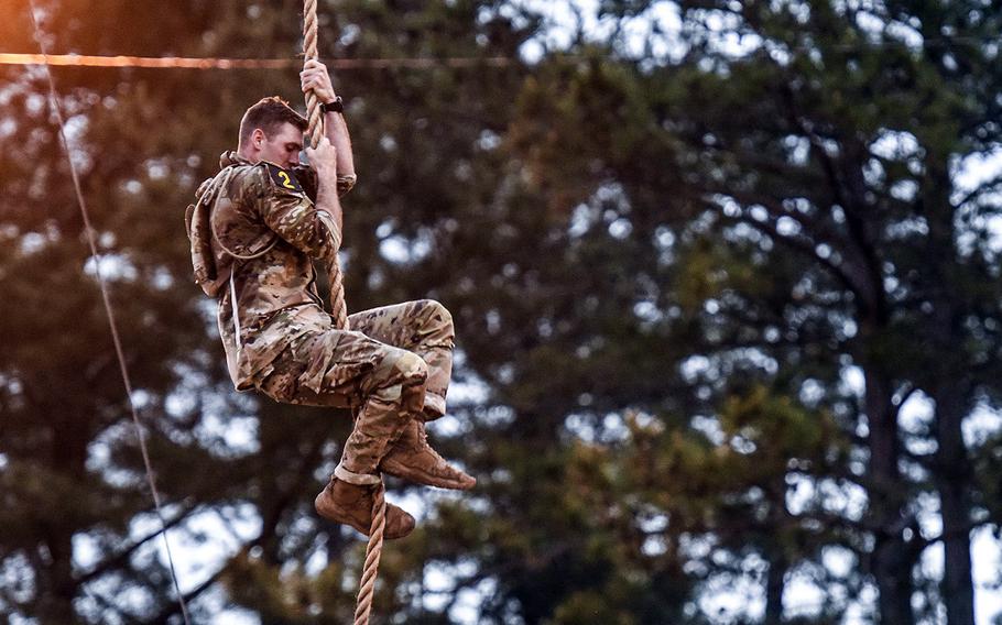 Soldiers compete in the 2021 Best Ranger competition at Fort Benning, Ga. on Friday, April 16. The three-day contest, considered among the Army's most grueling challenges, returned this year after the coronavirus pandemic forced its cancellations in 2020.