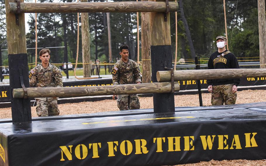 Soldiers compete in the 2021 Best Ranger competition at Fort Benning, Ga. on Friday, April 16. The three-day contest, considered among the Army's most grueling challenges, returned this year after the coronavirus pandemic forced its cancellations in 2020.