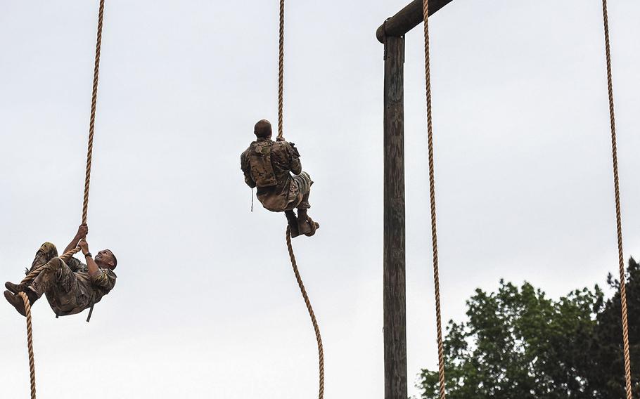 Soldiers compete in the 2021 Best Ranger competition at Fort Benning, Ga. on Friday, April 16. The three-day contest, considered among the Army's most grueling challenges, returned this year after the coronavirus pandemic forced its cancellations in 2020.