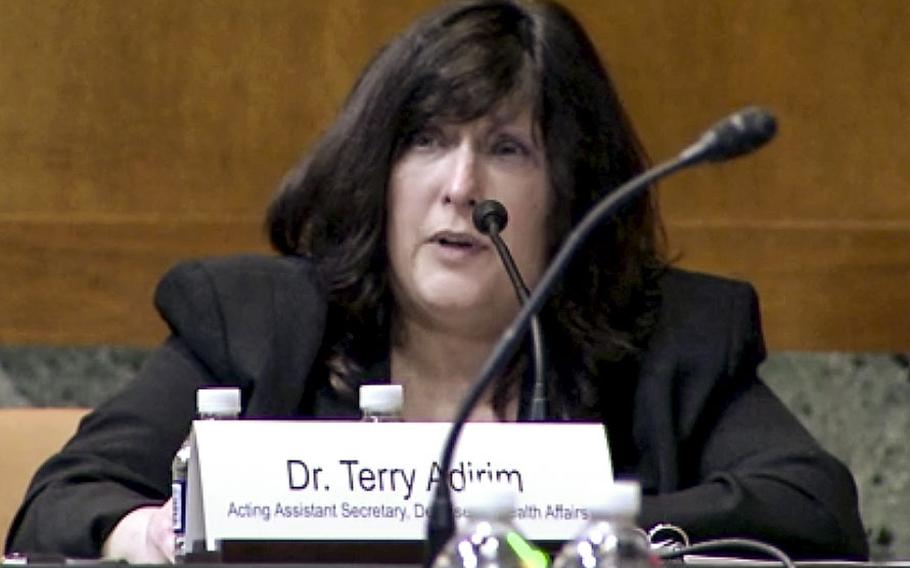 In a screen capture from a Senate video, Dr. Terry Adirim, acting assistant secretary of defense for health affairs, testifies at a Senate Appropriations defense subcommittee hearing on April 20, 2021.
