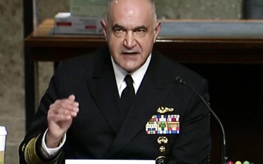 Adm. Charles Richard, commander of U.S. Strategic Command, testifies at a Senate Armed Services Committee hearing on April 20, 2021.