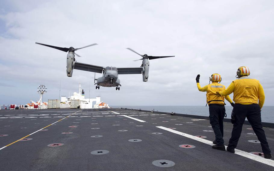 An MV-22B Osprey takes off from the hospital ship USNS Mercy in waters off Southern California, April 14, 2021.