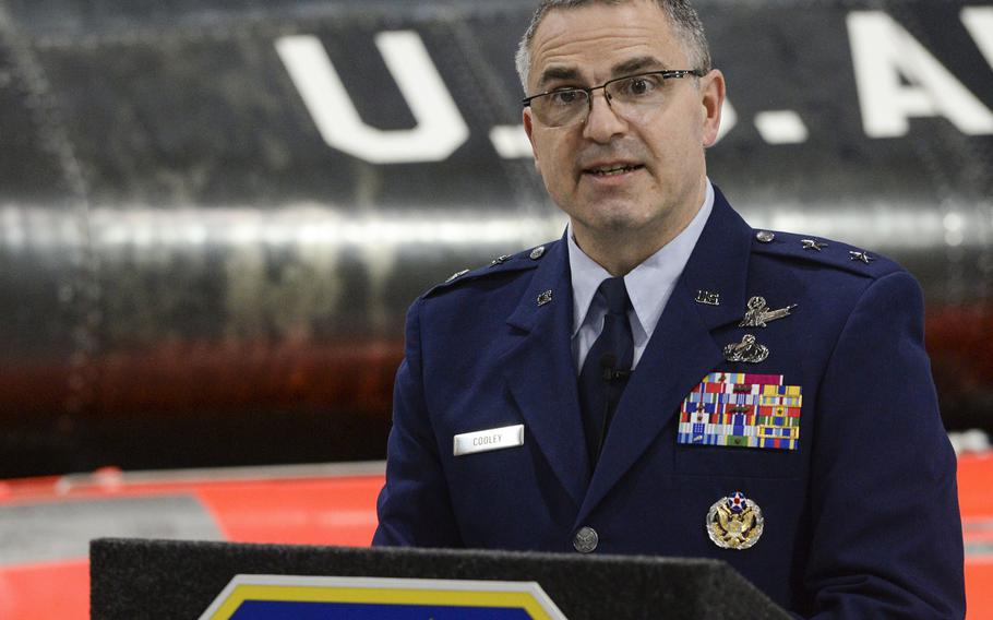 Maj. Gen. William Cooley speaks in April 2019 at the National Museum of the United States Air Force, Wright-Patterson Air Force Base, Ohio. Cooley, the former head of the Air Force Research Laboratory, will be the first Air Force general officer to face court-martial on a sexual assault charge, officials said.