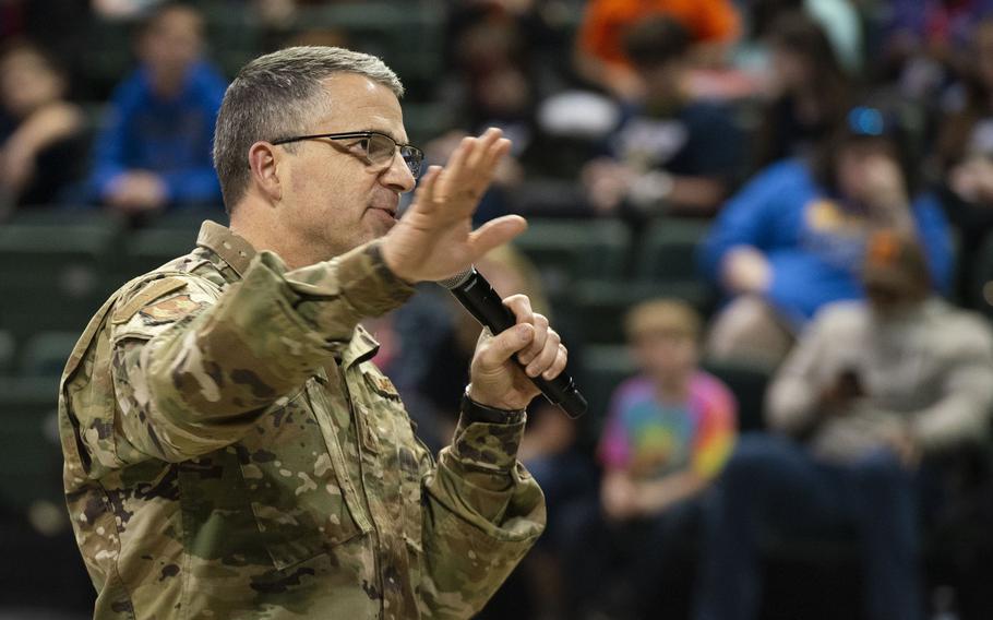 Maj. Gen. William Cooley speaks during a ceremony in Dayton, Ohio, in February 2019. Selection of a jury of two- and three-star generals starts Monday, April 18, 2022, at Wright-Patterson Air Force Base in the court-martial of the former Air Force Research Laboratory commander accused of kissing and touching a woman without her consent.