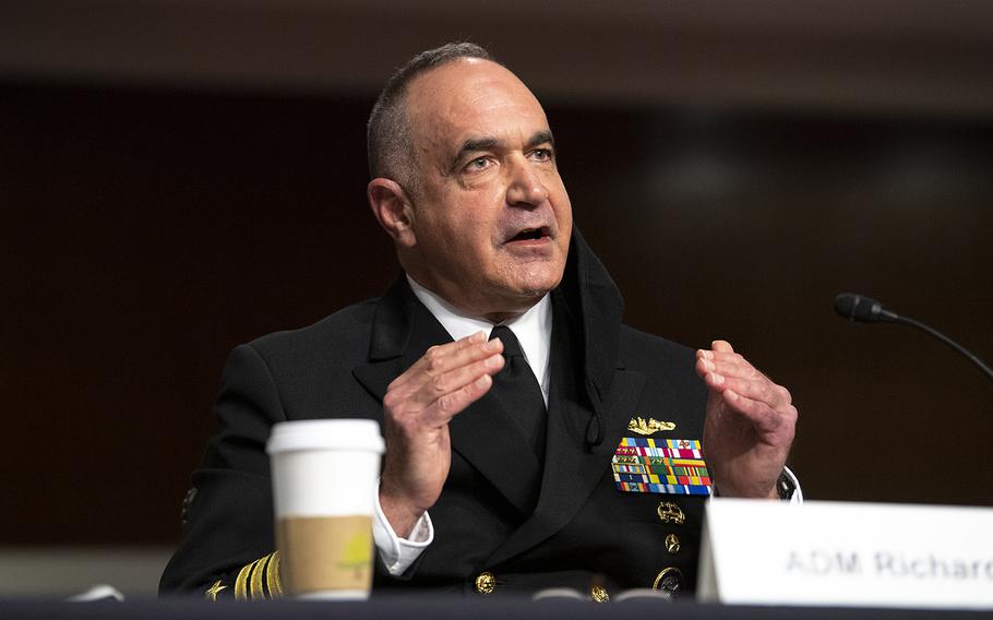 Adm. Charles Richard, commander of U.S. Strategic Command, testifies before the Senate Armed Services Committee in Washington, D.C., on April 20, 2021. 