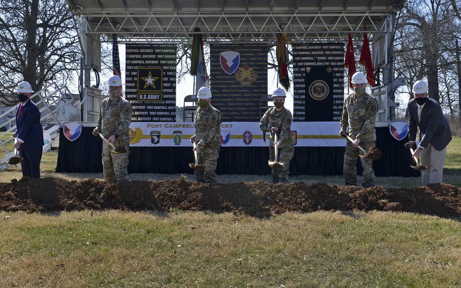 In a March 2021 photo, ground is broken at Fort Campbell, Ky., for Erevia Park, part of a larger $87.4 million development plan the Army approved in 2020, and is funded through Lendlease's project reinvestment account.