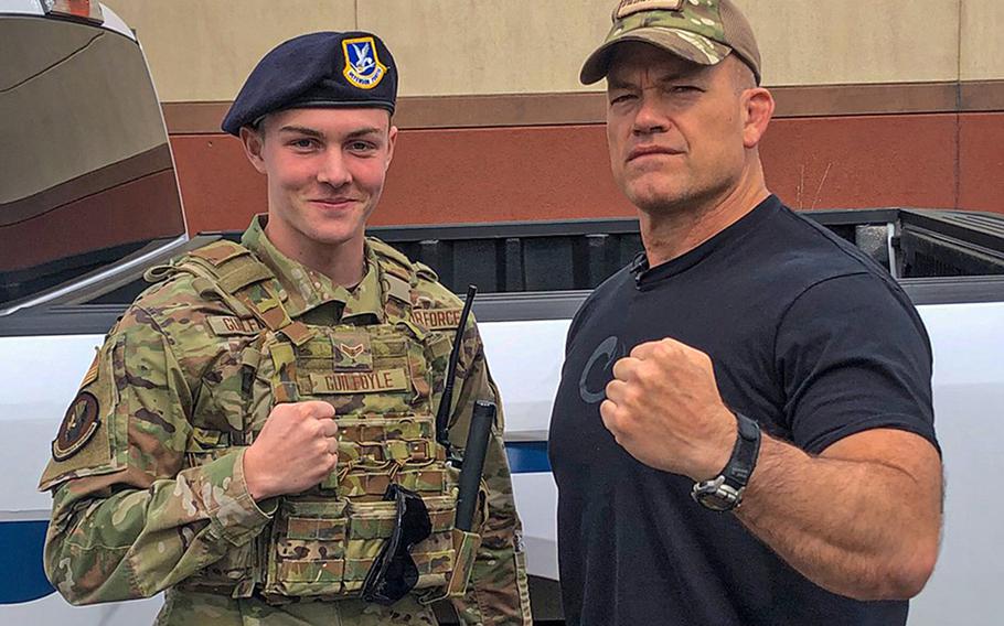 Pennsylvania Air National Guard Airman 1st Class William Guilfoyle poses with John Gretton ''Jocko'' Willink, a retired Navy SEAL officer, at Biddle Air National Guard Base, Pa., April 19, 2021. 

