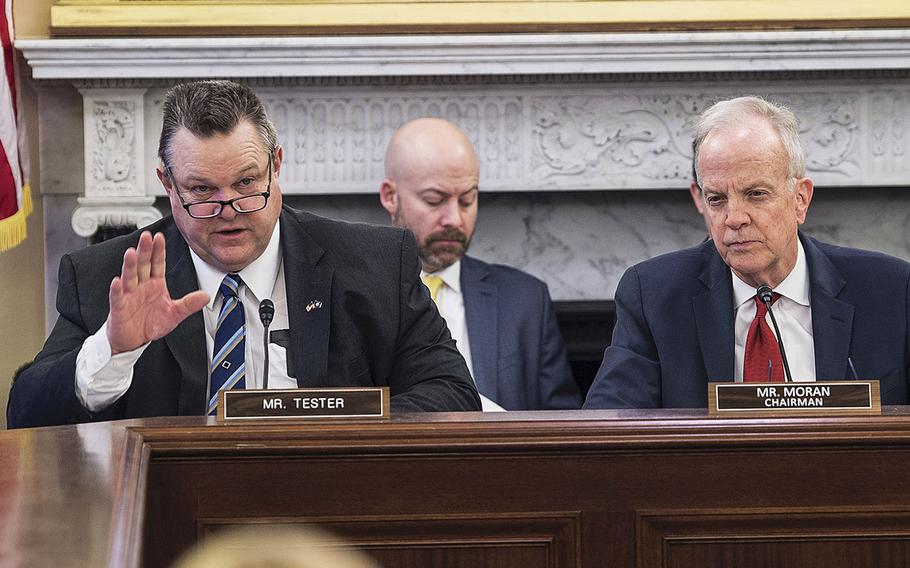 Sens. Jon Tester, D-Mont., left, and Jerry Moran, R-Kan., attend a hearing on Capitol Hill on Feb. 5, 2020. According to reports on April 29, 2021, the two senators intend to combine into one large piece of legislation a number of proposed bills to help veterans suffering from illnesses believed to be caused by toxic exposure during overseas deployments.