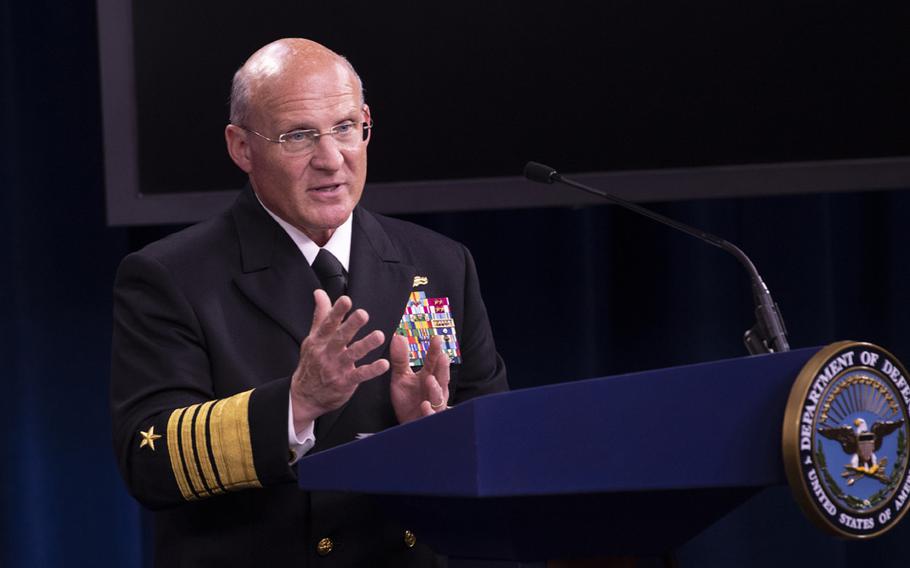 Chief of Naval Operations Adm. Mike Gilday answers questions during a press conference in the Pentagon Briefing Room, June 19, 2020.  