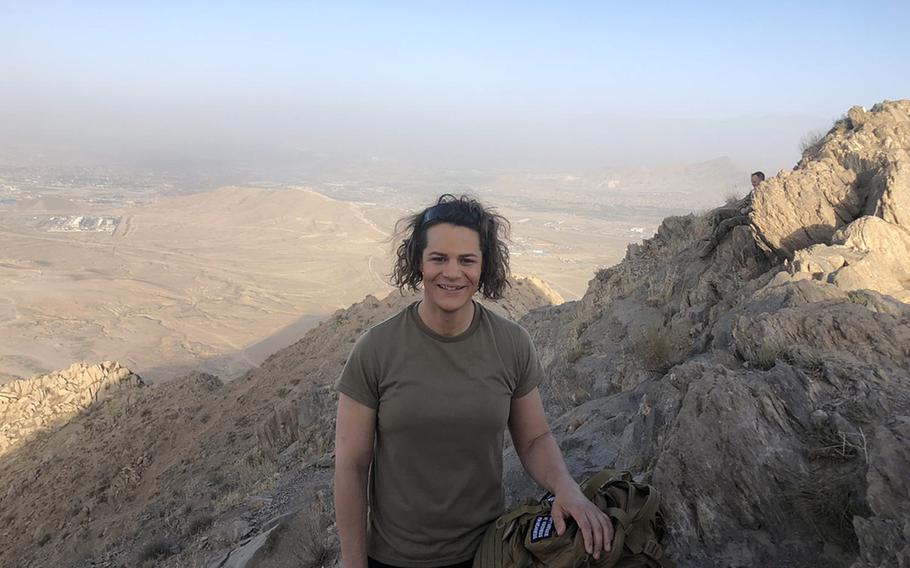 Transgender service member, then-Capt. Alivia Stehlik, poses for a photo in the mountains of Afghanistan during her 2018 deployment. Stehlik traveled from base to base, providing physical therapy to troops during the year she spent in the country.
