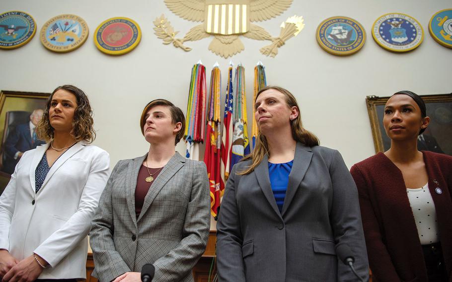 Then-Capt. Alivia Stehlik, left, testified on Capitol Hill in Washington on Wednesday, Feb. 27, 2019, about the U.S.  military's policy on transgender service members. Others who testified are, from left to right, Army Capt. Jennifer Peace, Staff Sgt. Patricia King and Navy Petty Officer 3rd Class Akira Wyatt.

