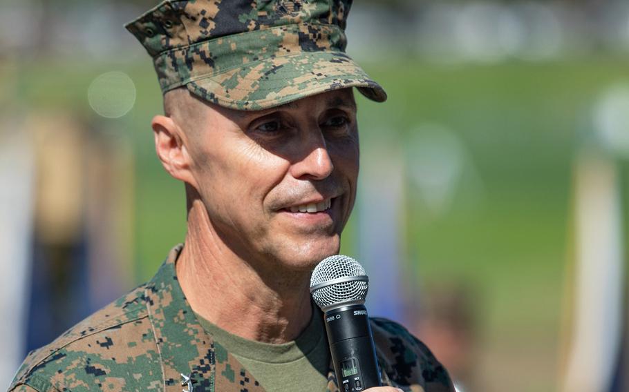 U.S. Marine Corps Maj. Gen. Robert F. Castellvi, the outgoing commanding general of the 1st Marine Division, speaks during a change of command ceremony held at Marine Corps Base Camp Pendleton, California, Sept. 22, 2020. Castellvi was suspended from his duties after an investigation into the deadly sinking last year of an amphibious assault vehicle determined he was in part responsible for the accident.