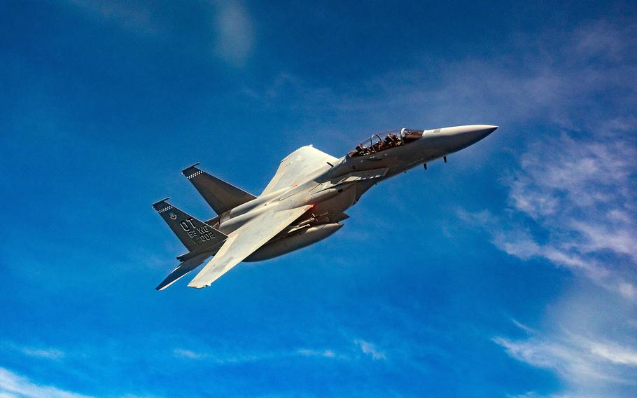 An F-15EX Eagle II flies for the first time out of Eglin Air Force Base, Fla., April 26, 2021, prior to departure for the Northern Edge exercise in Alaska.