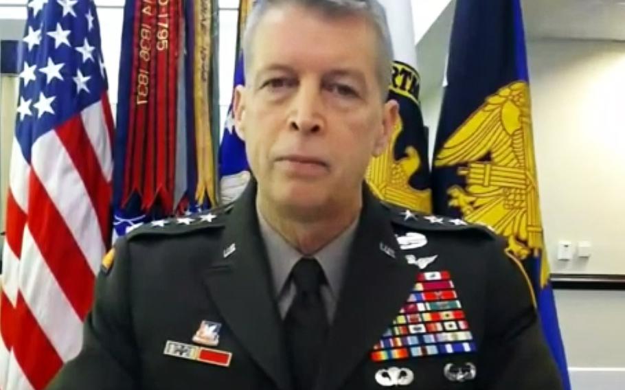 In a screen capture from a video, Gen. Daniel Hokanson, chief of the National Guard Bureau, testifies at a House Appropriations subcommittee hearing on May 4, 2021.