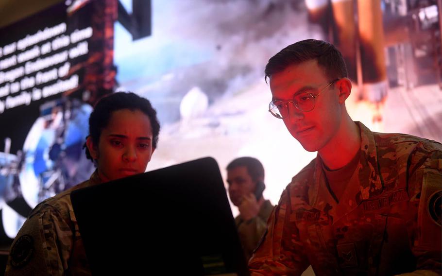 An airman with the 18th Space Control Squadron works on software for space operations at Vandenberg Air Force Base, Calif., Nov. 2, 2020. 