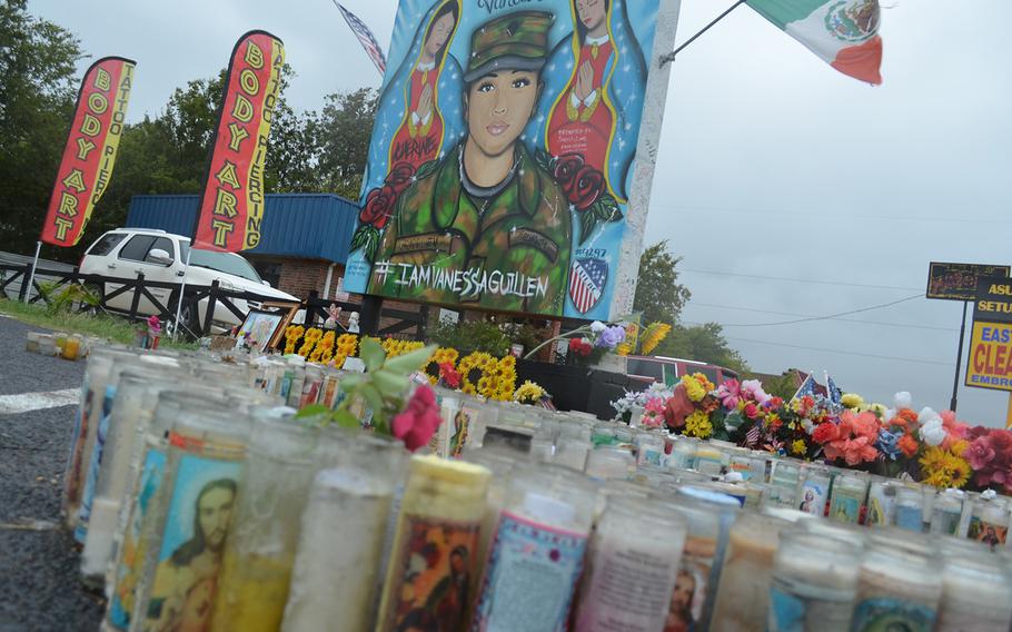 A memorial to honor Spc. Vanessa Guillen remains one year later in the parking lot of a tattoo shop in Killeen, Texas. Guillen, 20, was killed April 22, 2020, by a fellow soldier at Fort Hood. Her death has led to numerous investigations that have spurred reforms within the Army.