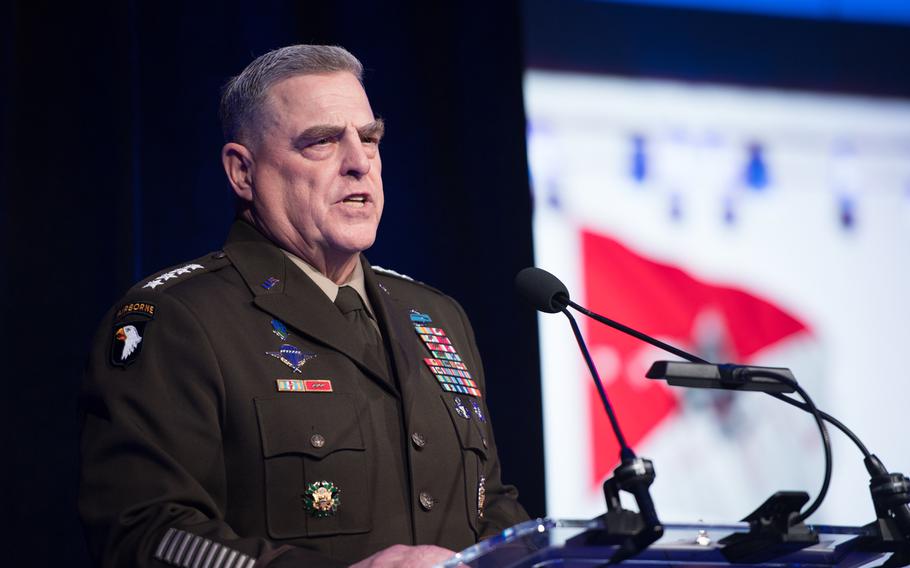 Army Gen. Mark Milley, chairman Joint Chiefs of Staff, speaks at the 2019 Army Birthday Ball in Washington, D.C., June 15, 2019. Milley said Thursday that new data about sexual assaults and command climates throughout the service softened his stance against changes to how the military prosecutes those cases.